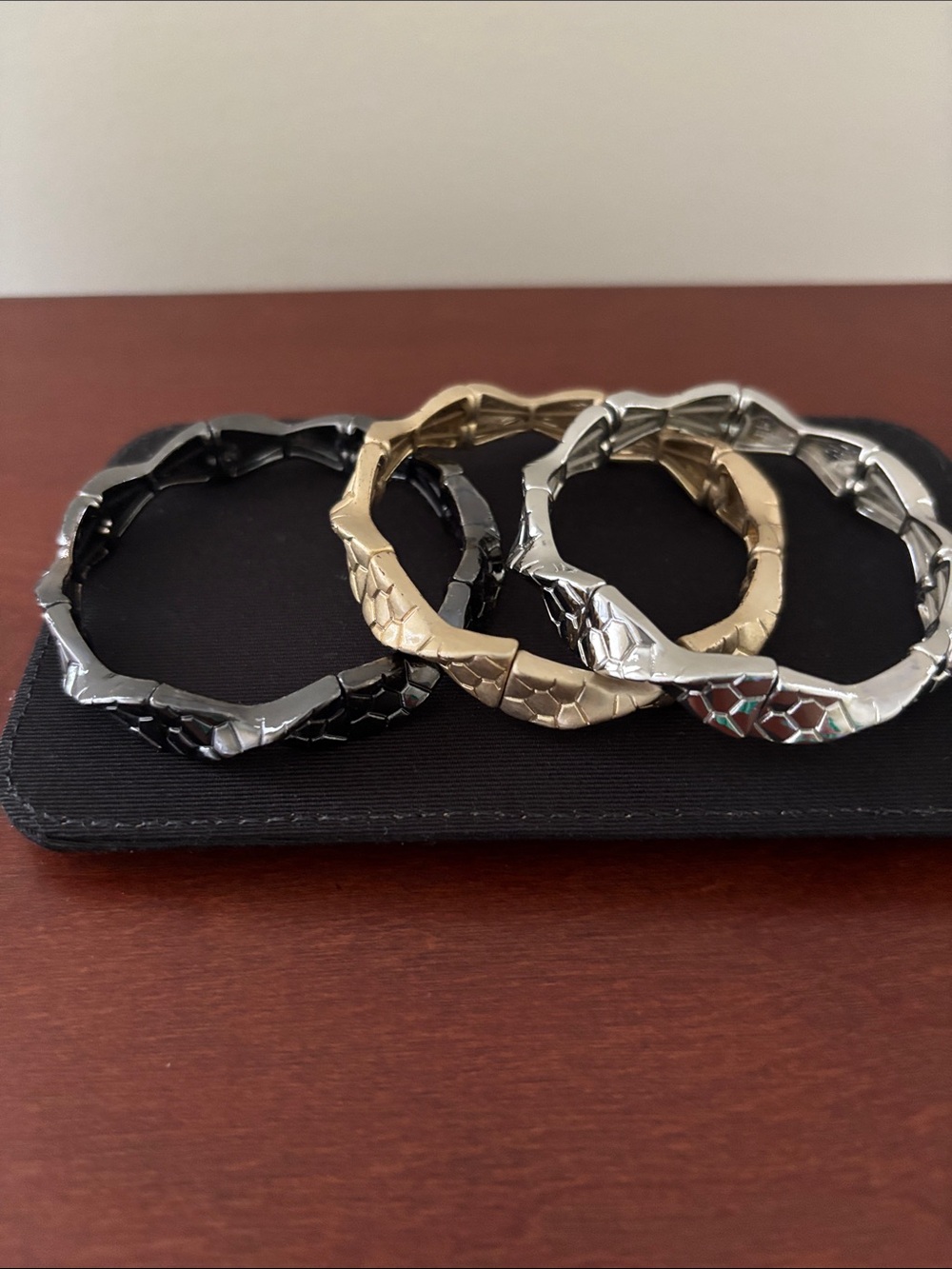 Lia Sophia Snake-Texture Bangle Bracelet Trio - Black, Gold, Silver
